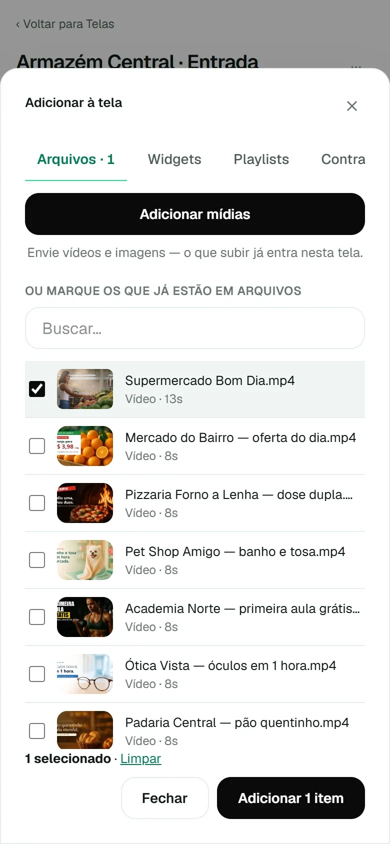 Marcando o vídeo que vai passar na tela