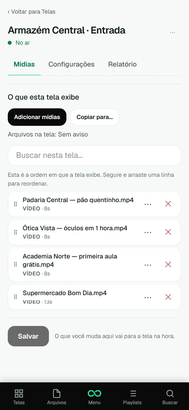 A tela no ar com a lista do que ela exibe